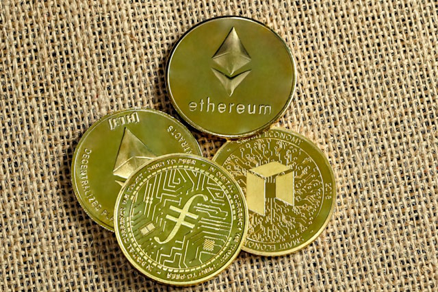 Closeup of multiple altcoins