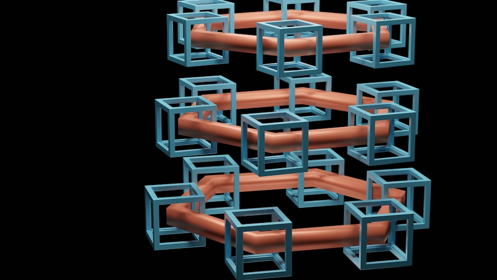 A seemingly three-dimensional maze of blue cubes and orange pipes on a black background.