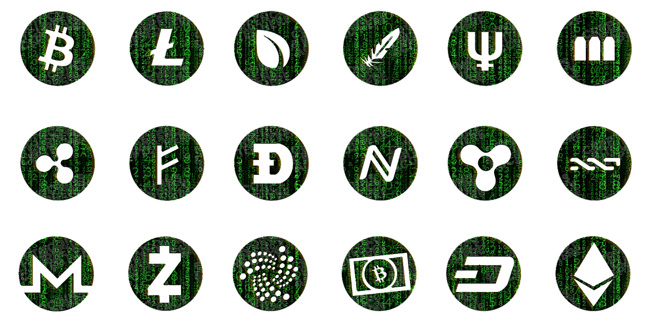 A grid of colorful, square icons representing different altcoins.