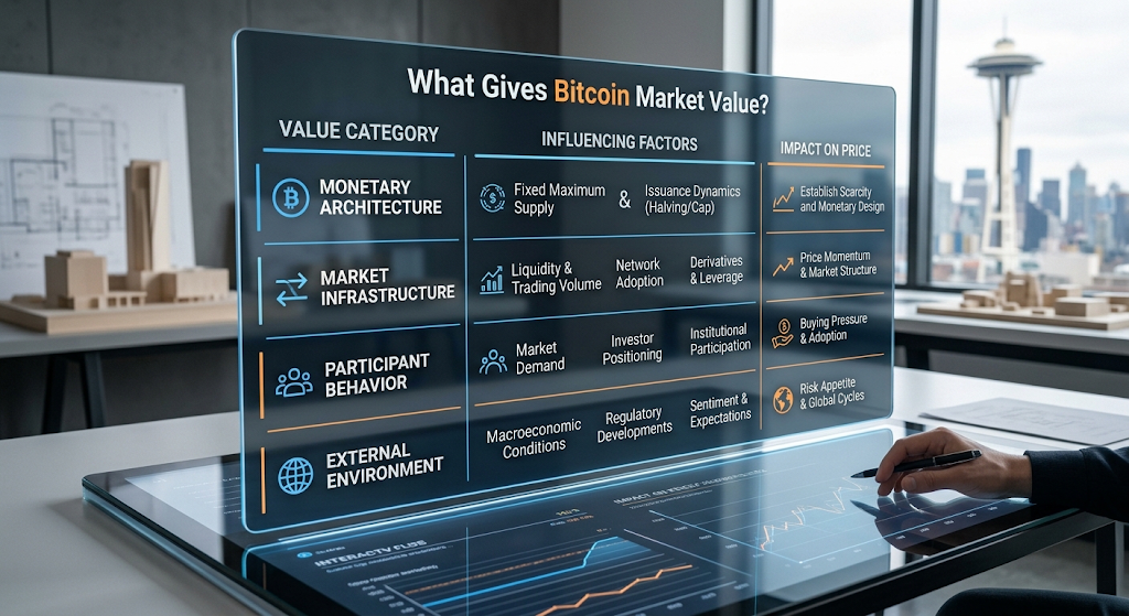 Factors that contribute to Bitcoin market value including scarcity, demand, network adoption, liquidity, and market confidence