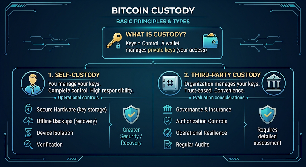 Bitcoin custody concept showing private keys, wallet access, self-custody, and third-party custody arrangements