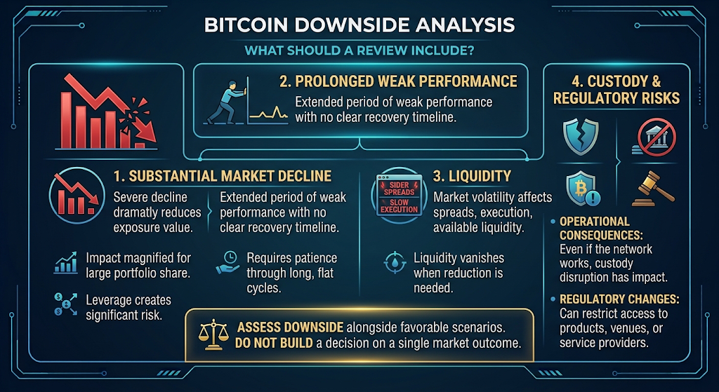 Bitcoin downside analysis framework showing price decline, liquidity stress, custody disruption, regulatory change, and portfolio impact
