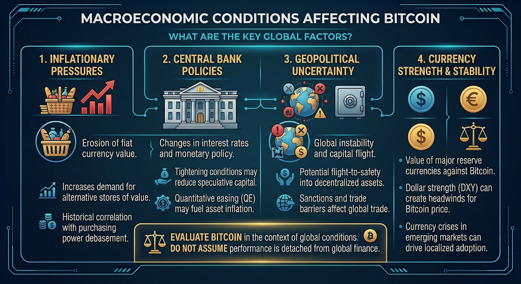Macroeconomic conditions affecting Bitcoin including interest rates, inflation, liquidity, economic growth, and risk sentiment