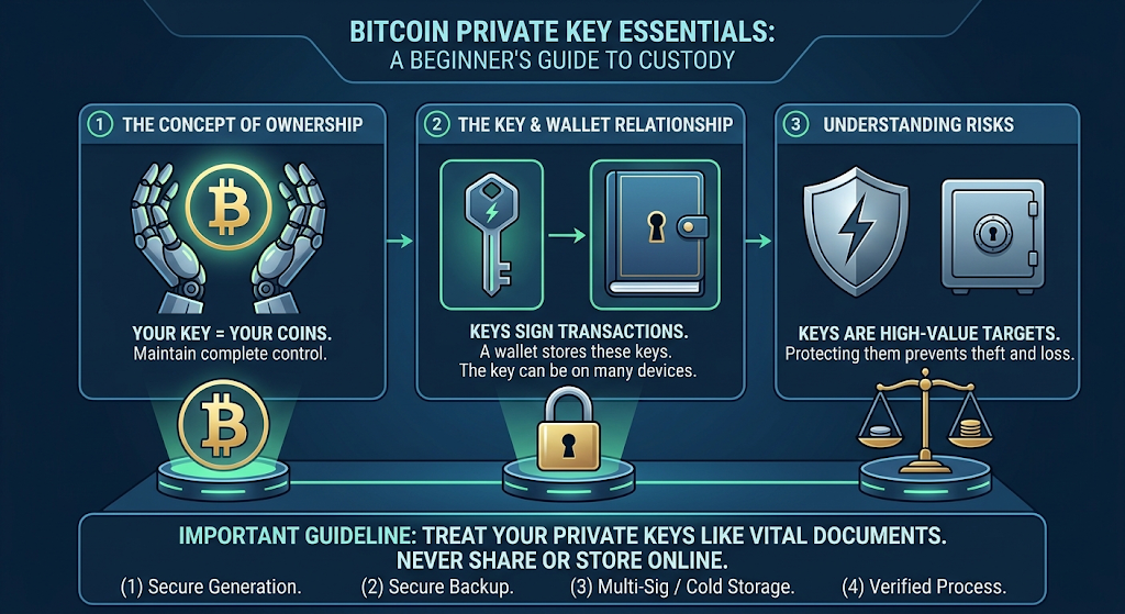 Bitcoin private keys essentials showing key control, wallet access, transaction authorization, and security responsibilities