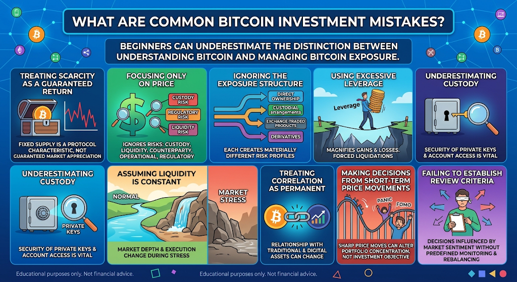 Infographic outlining common Bitcoin investment mistakes including risk, custody, leverage, and liquidity.