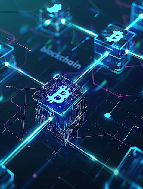 Digital representation of blockchain network with interconnected blocks showing Bitcoin symbols.