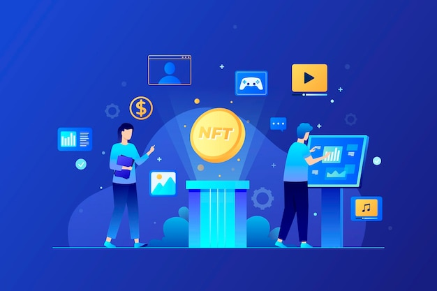 Illustration of people interacting with NFTs in a digital ecosystem.