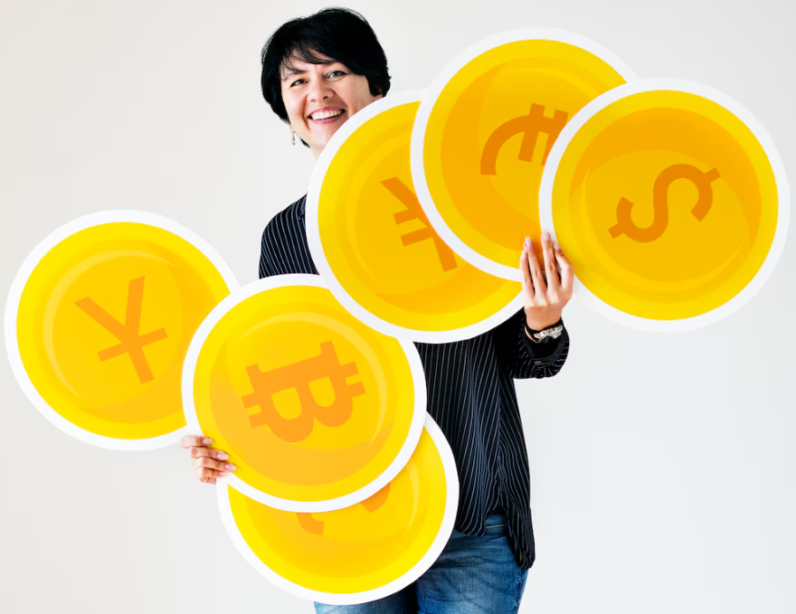 a woman carrying coin icons