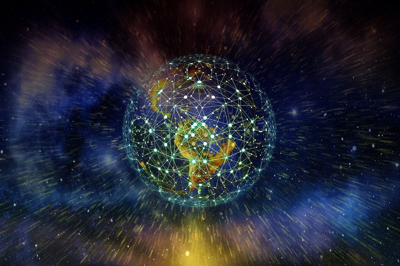 A digitally connected globe representing global digital networks