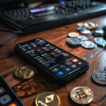 A smartphone displaying cryptocurrency data, surrounded by various crypto coins.