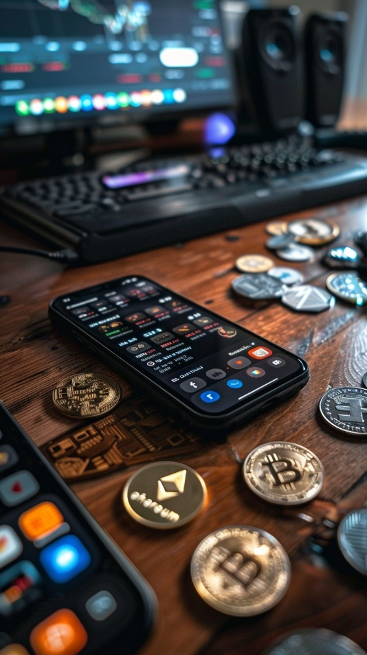 A smartphone displaying cryptocurrency data, surrounded by various crypto coins.