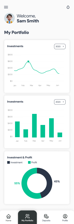 Screenshot of the Kenson Investments app displaying a user’s portfolio dashboard.