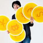 a woman carrying coin icons