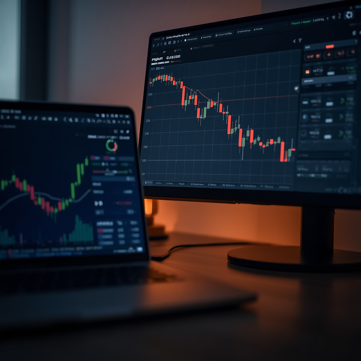 Trading desk with a laptop showing a crypto price chart, stop level and a risk dashboard