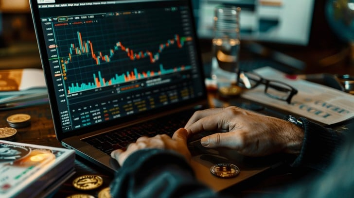 A crypto asset investment consultant analyzing cryptocurrency market data on a laptop surrounded by digital coins.