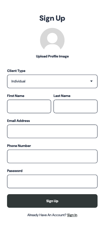 Screenshot of the Kenson Investments app signup page, showing client details input fields.