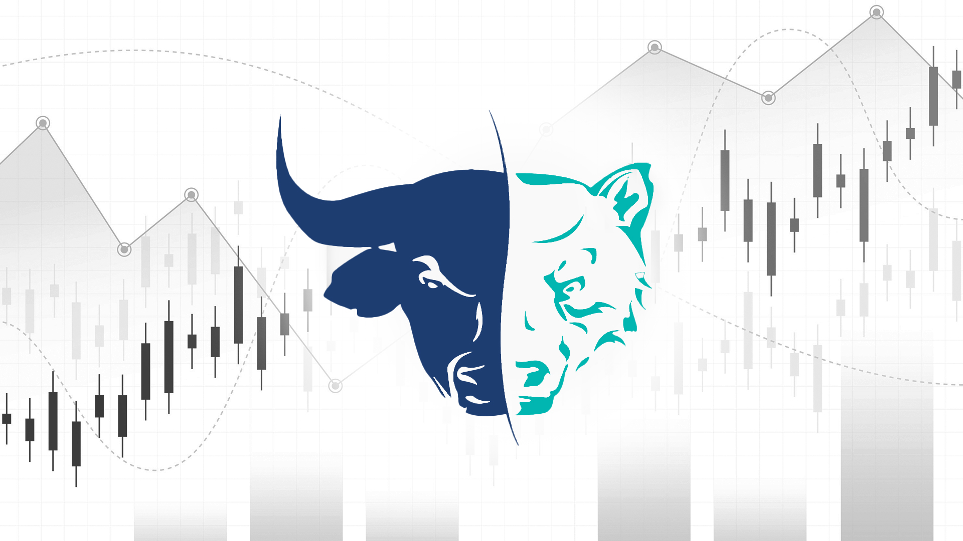 Illustration of a bull and bear representing stock market trends with upward and downward graphs in the background.