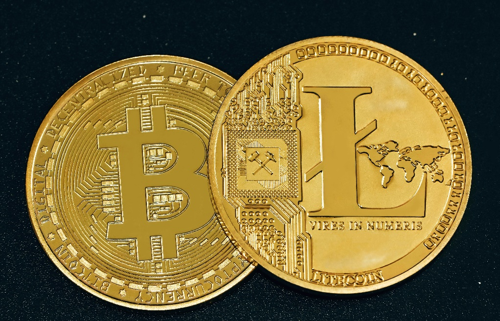 A close-up photo of a Bitcoin and Litecoin coin