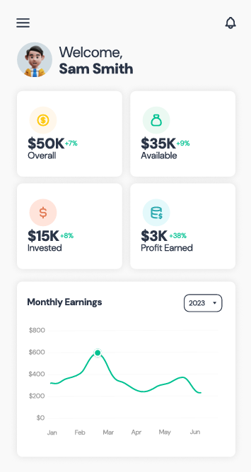 Screenshot of Kenson Investments app dashboard showing overall, available, invested, and profit amounts.