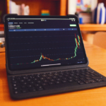 A cryptocurrency price chart with candlestick patterns.