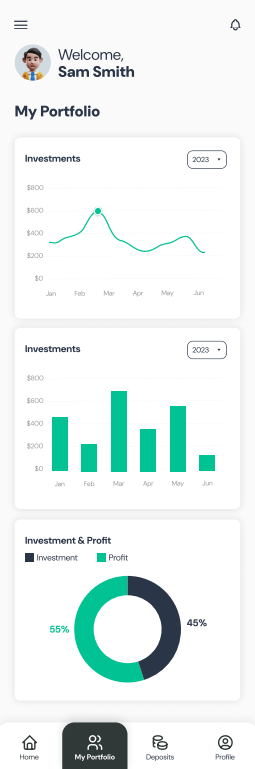 A screenshot of a portfolio overview in the Kenson Investments app showing investments and profits.