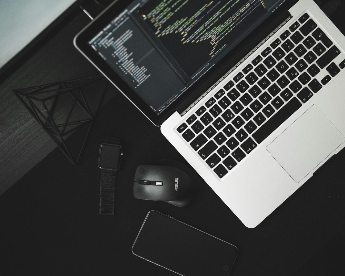 A laptop on a table.