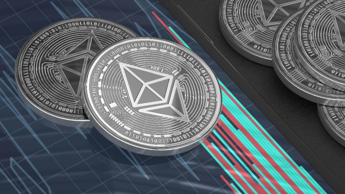 A silver Ethereum coin.