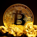 Bitcoin and a gold nugget.