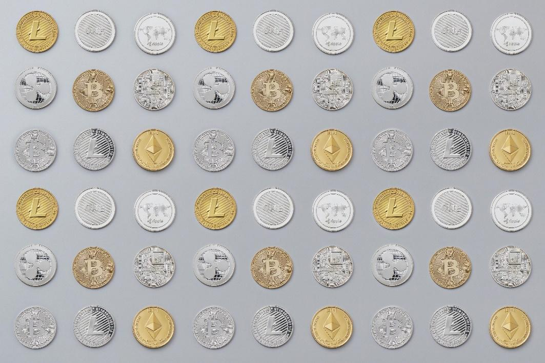 A collection of various cryptocurrency coins.