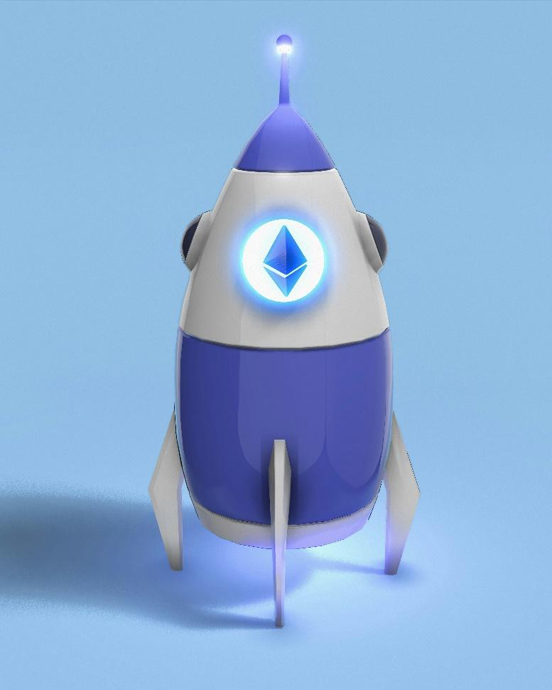 A cartoon rocket ship with the Ethereum logo.