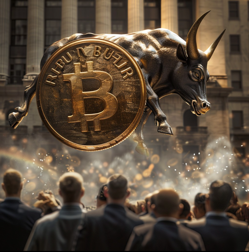 A crowd watches a bull statue with a Bitcoin symbol, symbolizing the Bitcoin bull market surge.