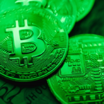 A collection of green Bitcoin coins.