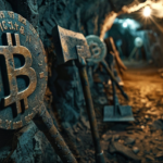 Underground Bitcoin mining tunnel with tools and Bitcoin symbol.