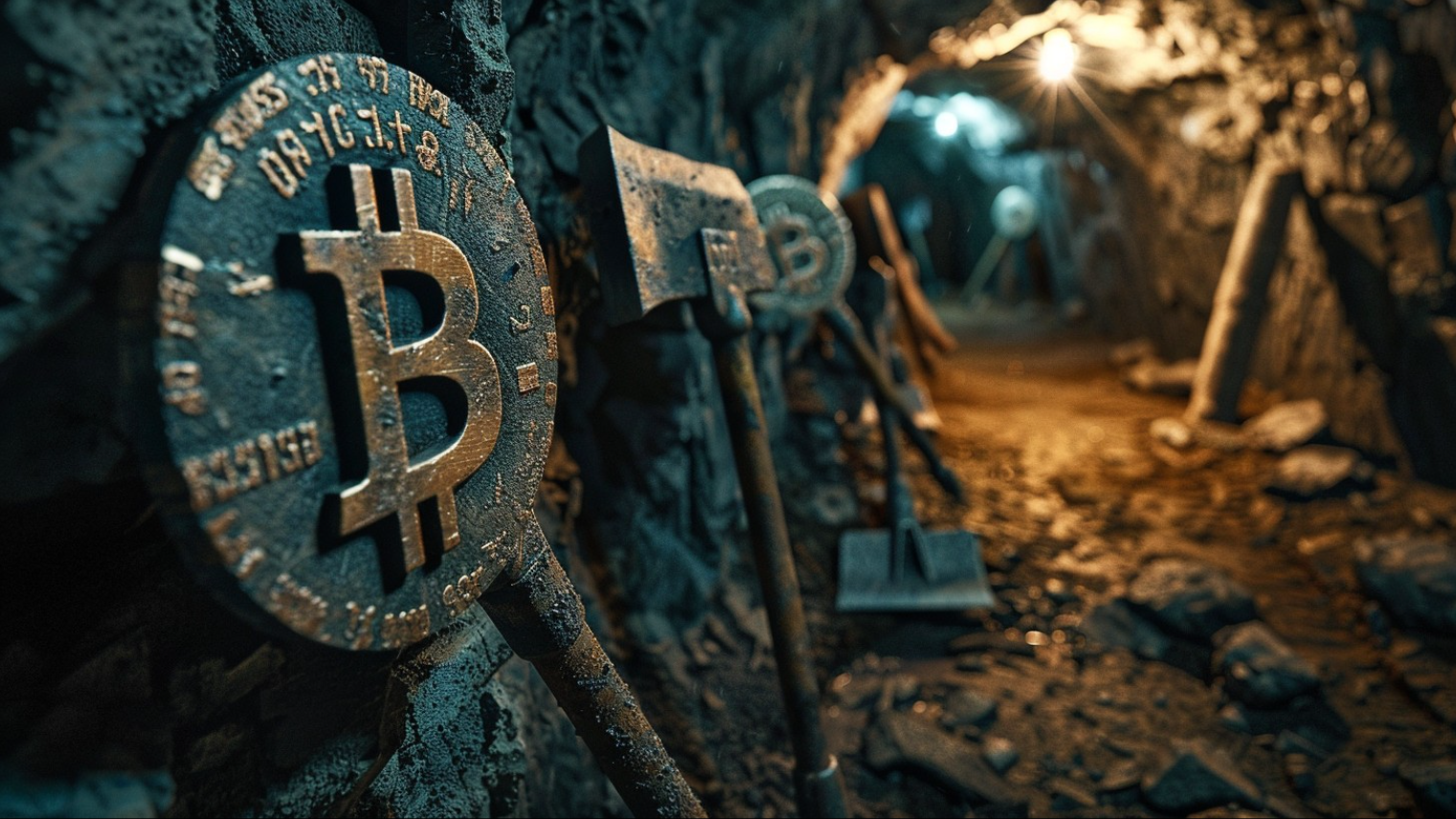 Underground Bitcoin mining tunnel with tools and Bitcoin symbol.