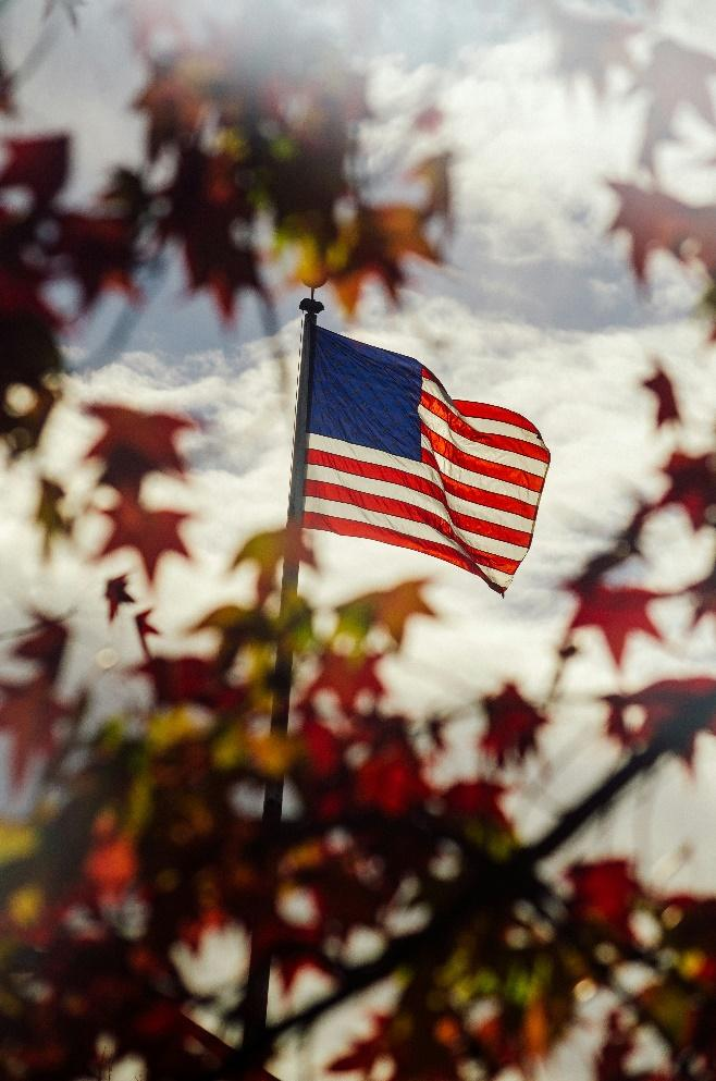 An American flag waving proudly against a cloudy sky.