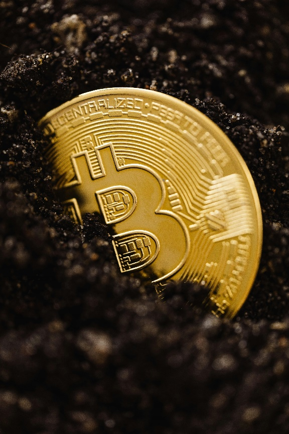 A gold Bitcoin coin partially buried in dark soil.