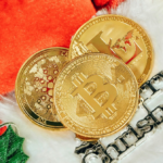 A close-up of several cryptocurrency coins, including a Bitcoin.