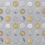 An array of various cryptocurrency coins, including Bitcoin, Ethereum, and Litecoin.