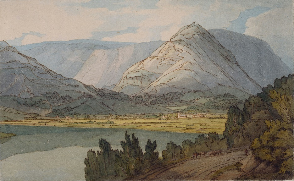 A classic landscape painting depicting a mountain range.