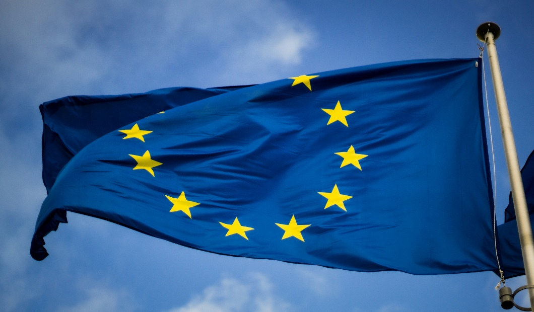 The flag of the European Union waving in the wind.