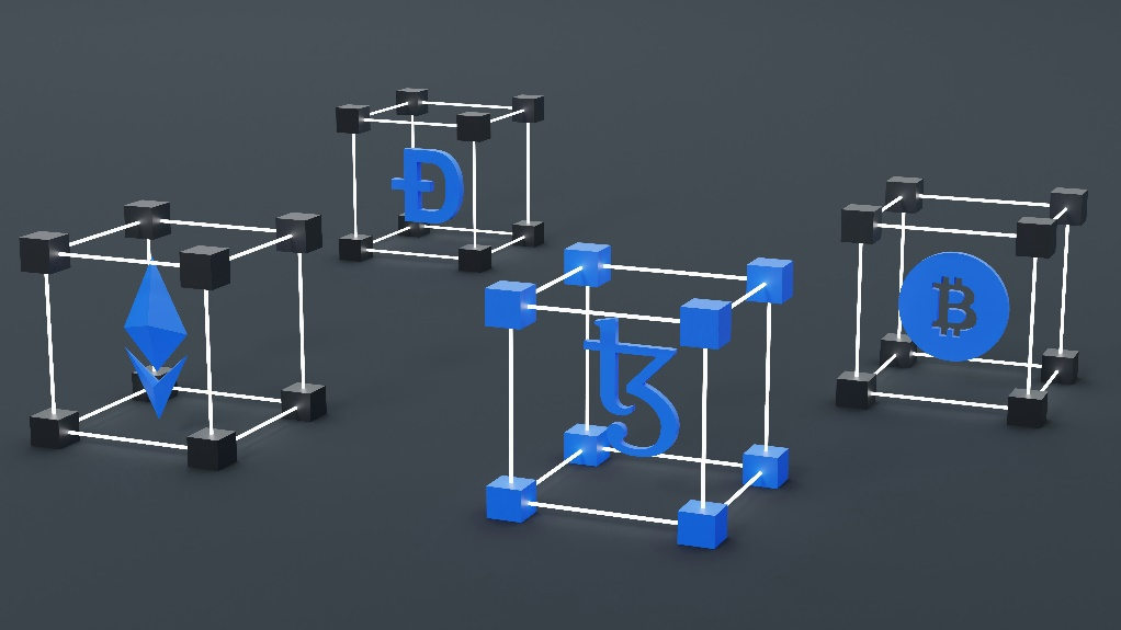 3D rendered image of four wireframe cubes, each containing a different cryptocurrency.