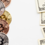 Contrasting digital Bitcoin stack with physical US dollar notes, highlighting the debate over future global reserve currency.
