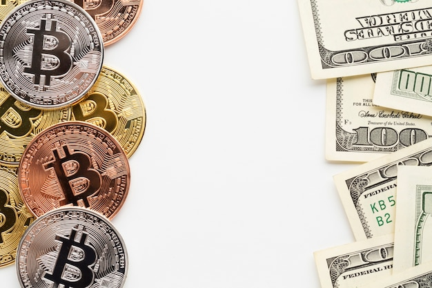 Contrasting digital Bitcoin stack with physical US dollar notes, highlighting the debate over future global reserve currency.