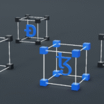 Three blue and white cubes with a Bitcoin symbol representing digital assets and blockchain technology for identity and access management.