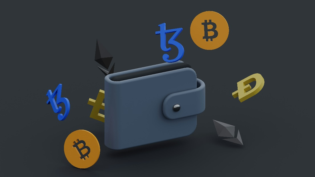 A 3D rendering of a wallet with various cryptocurrency coins.