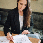 woman in black blazer sitting at the desk with documents