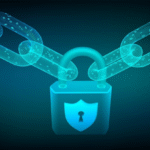 A futuristic representation of quantum-resistant blockchain technology designed to safeguard digital assets.