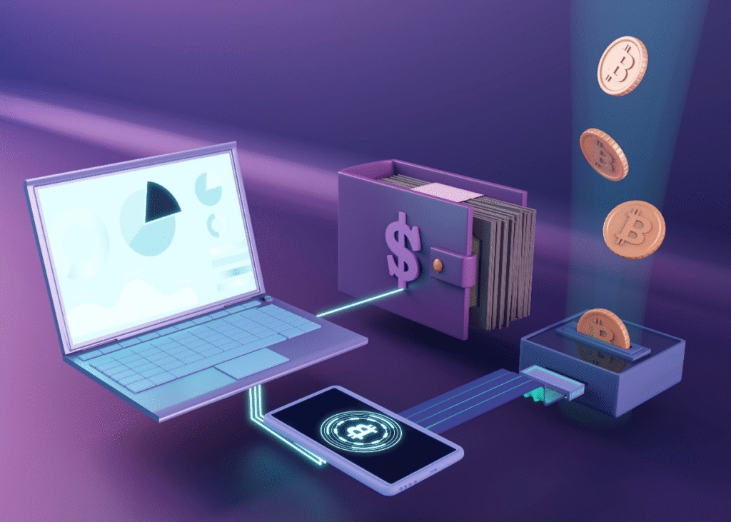 An illustration of a digital crypto wallet interface with coins, charts, and device connections