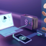 An illustration of a digital crypto wallet interface with coins, charts, and device connections