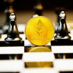 Ethereum coin standing on a chessboard with black chess pieces in the background